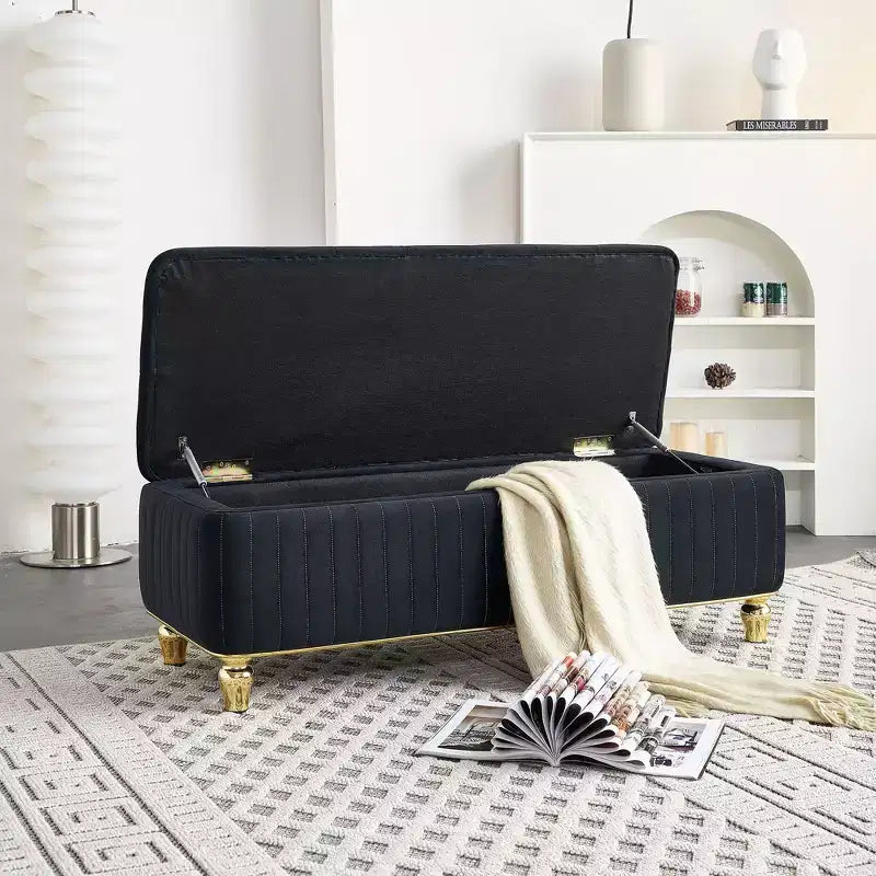 Banc Ottoman de Luxe Moderne à Rabat Profond avec Boutons, Décor Doré et Pieds en Métal, Banc de Rangement Rembourré pour Salon, Chambre