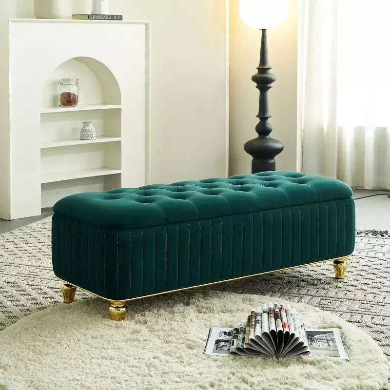 Banc Ottoman de Luxe Moderne à Rabat Profond avec Boutons, Décor Doré et Pieds en Métal, Banc de Rangement Rembourré pour Salon, Chambre