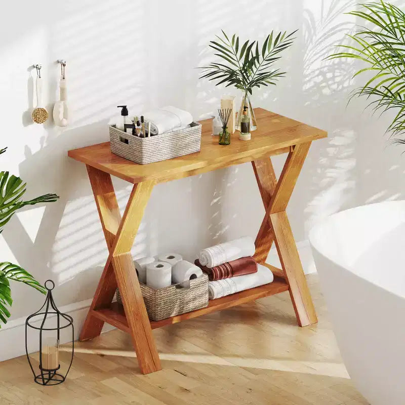 Console de couloir longue avec étagère de rangement en bois de teck massif