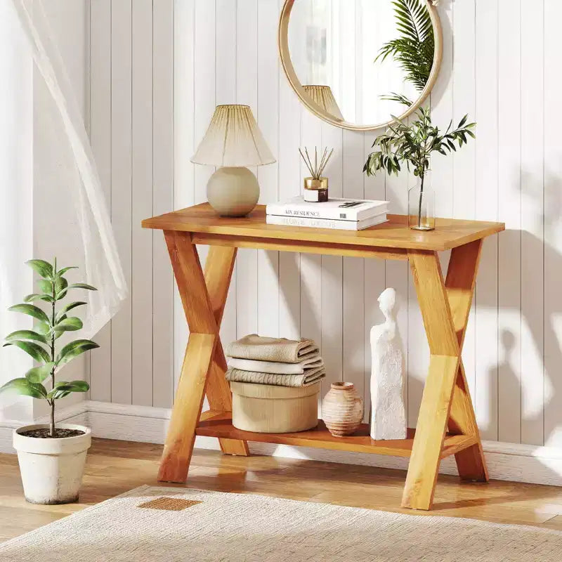 Console de couloir longue avec étagère de rangement en bois de teck massif