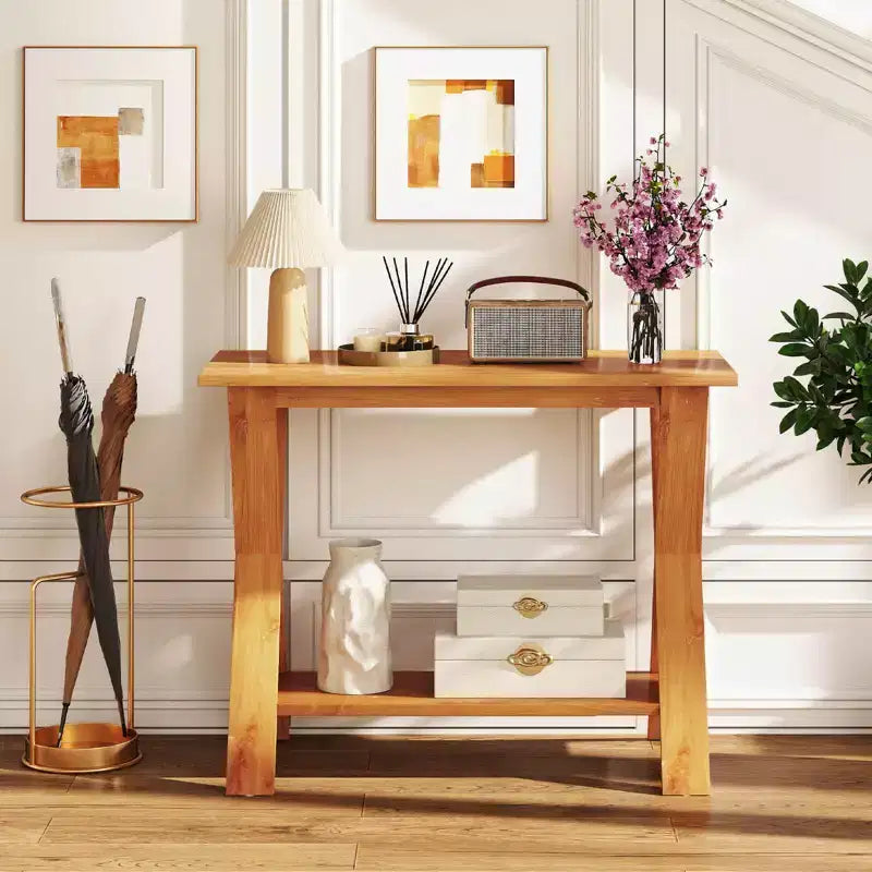 Console de couloir longue avec étagère de rangement en bois de teck massif