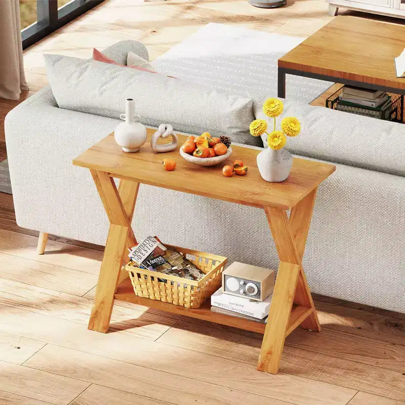 Console de couloir longue avec étagère de rangement en bois de teck massif