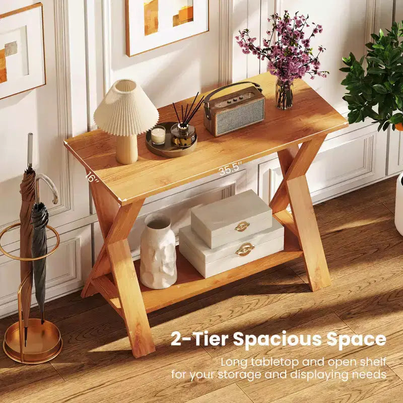 Console de couloir longue avec étagère de rangement en bois de teck massif