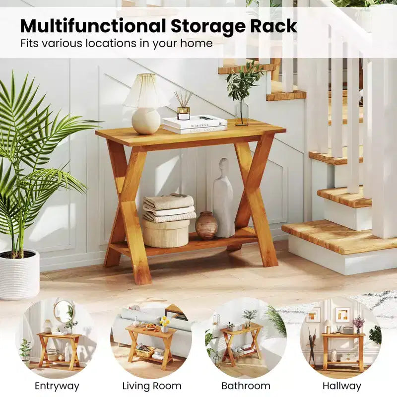 Console de couloir longue avec étagère de rangement en bois de teck massif