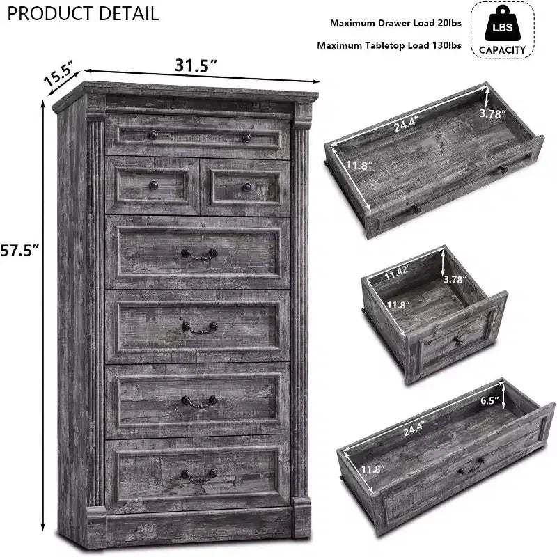 Commode de ferme à 7 tiroirs, meuble de rangement rustique en bois avec colonnes romaines pour chambre à coucher
