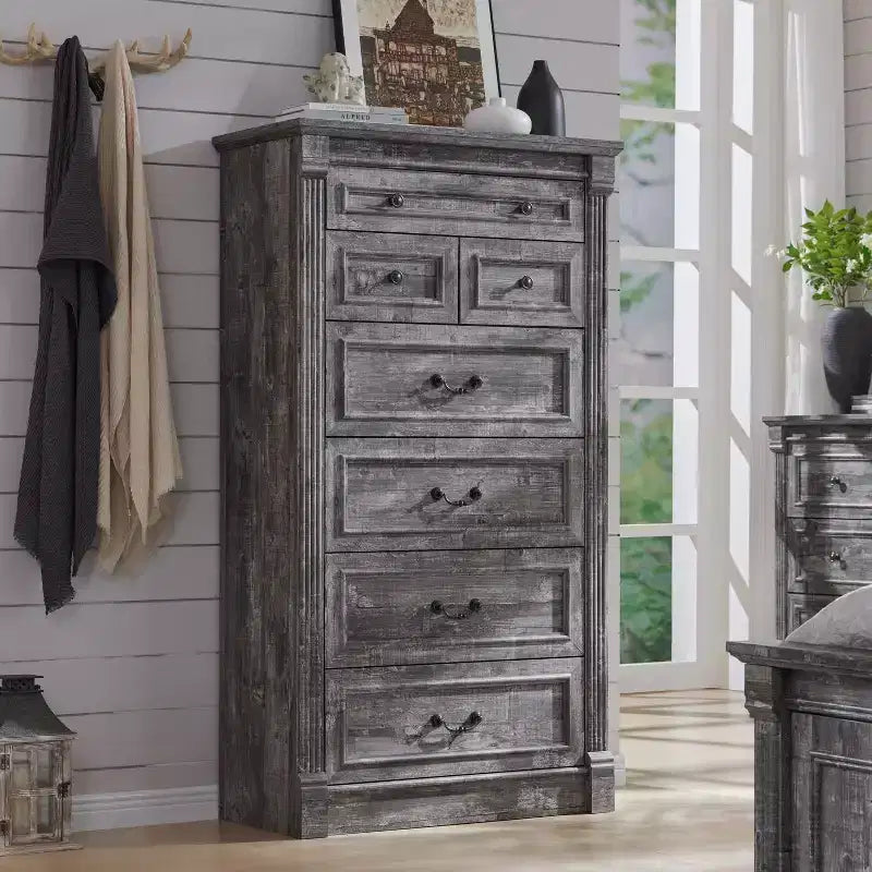 Commode de ferme à 7 tiroirs, meuble de rangement rustique en bois avec colonnes romaines pour chambre à coucher