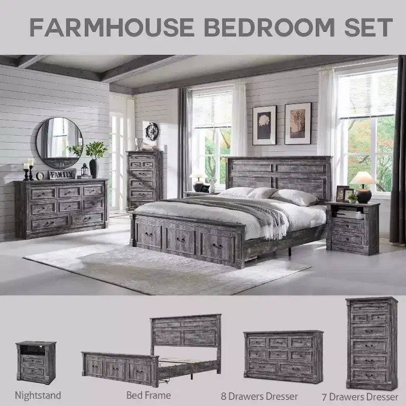 Commode de ferme à 7 tiroirs, meuble de rangement rustique en bois avec colonnes romaines pour chambre à coucher