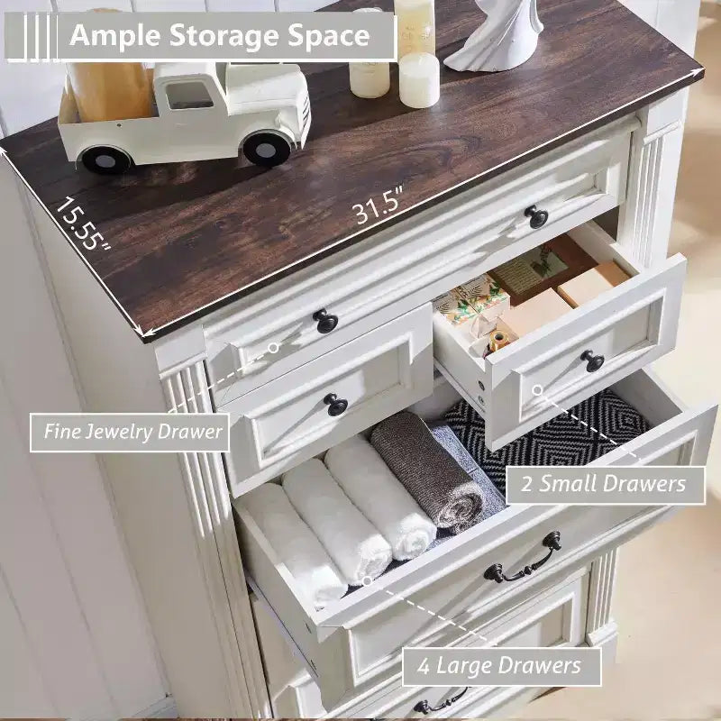 Commode de ferme à 7 tiroirs, meuble de rangement rustique en bois avec colonnes romaines pour chambre à coucher
