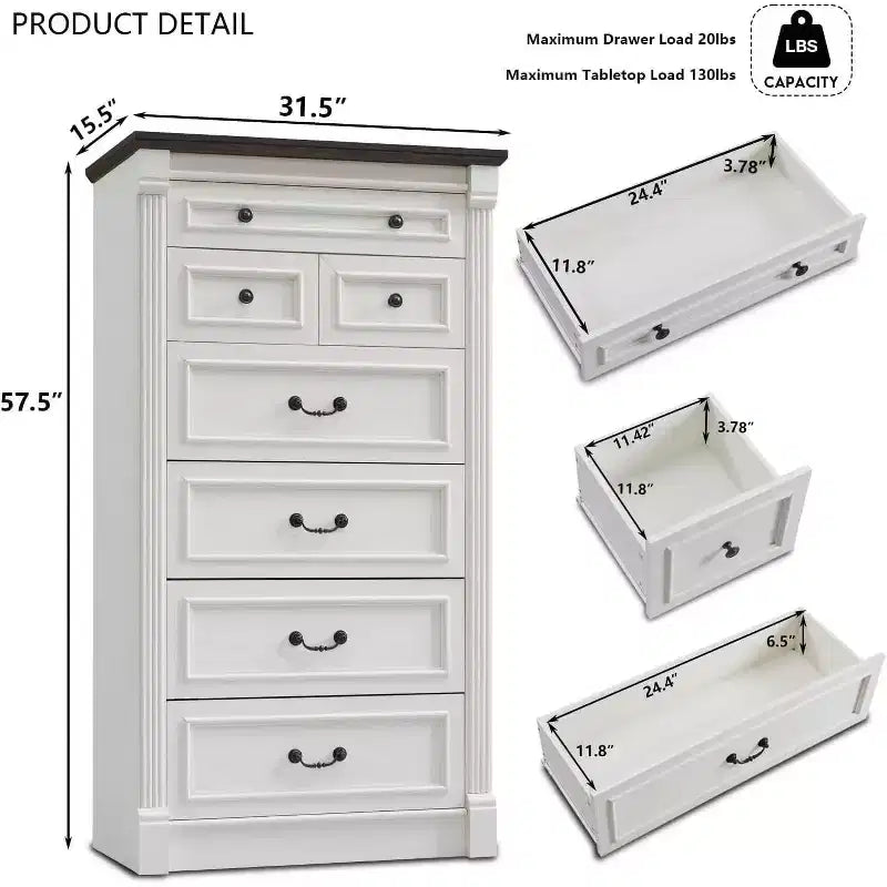 Commode de ferme à 7 tiroirs, meuble de rangement rustique en bois avec colonnes romaines pour chambre à coucher
