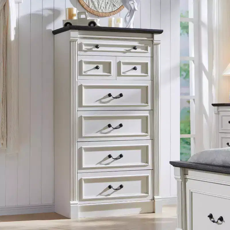 Commode de ferme à 7 tiroirs, meuble de rangement rustique en bois avec colonnes romaines pour chambre à coucher