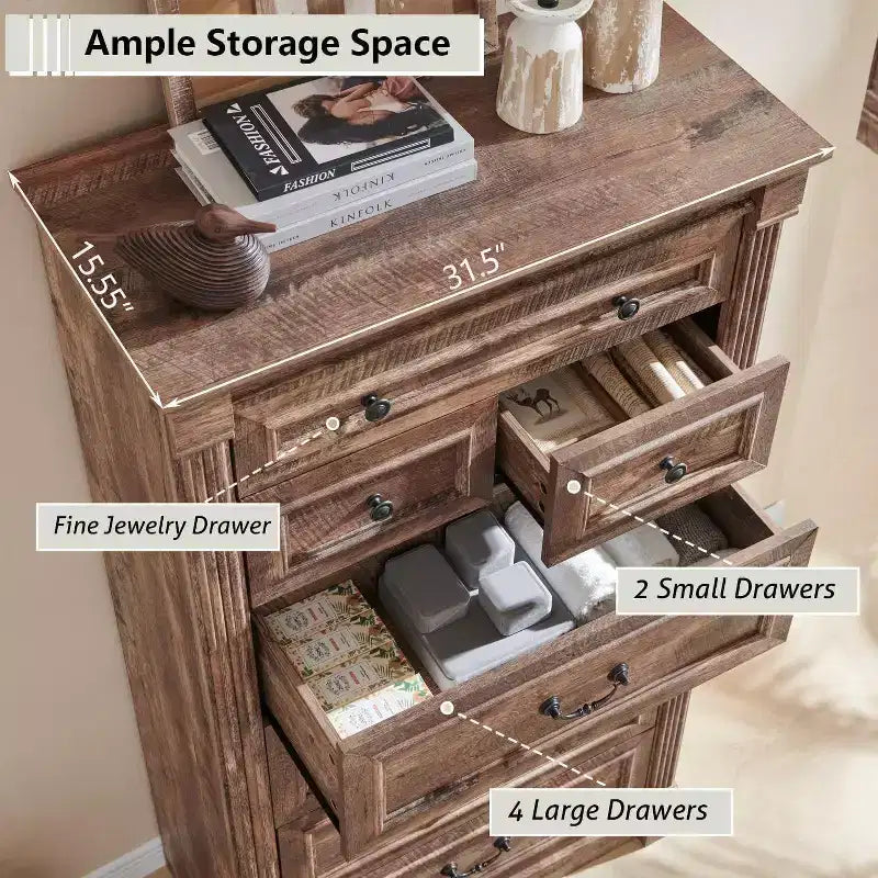 Commode de ferme à 7 tiroirs, meuble de rangement rustique en bois avec colonnes romaines pour chambre à coucher