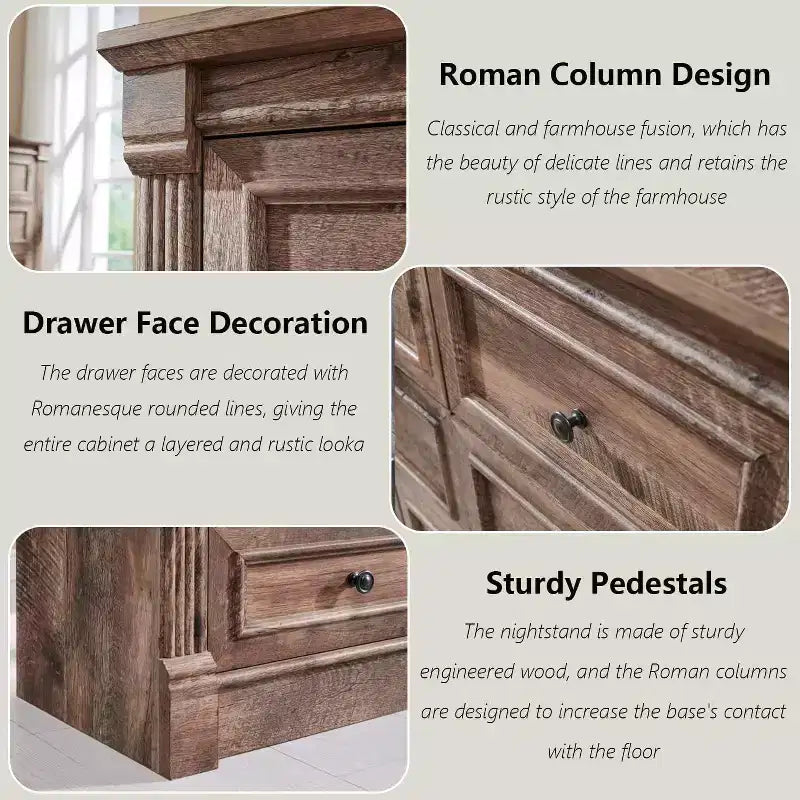 Commode de ferme à 7 tiroirs, meuble de rangement rustique en bois avec colonnes romaines pour chambre à coucher