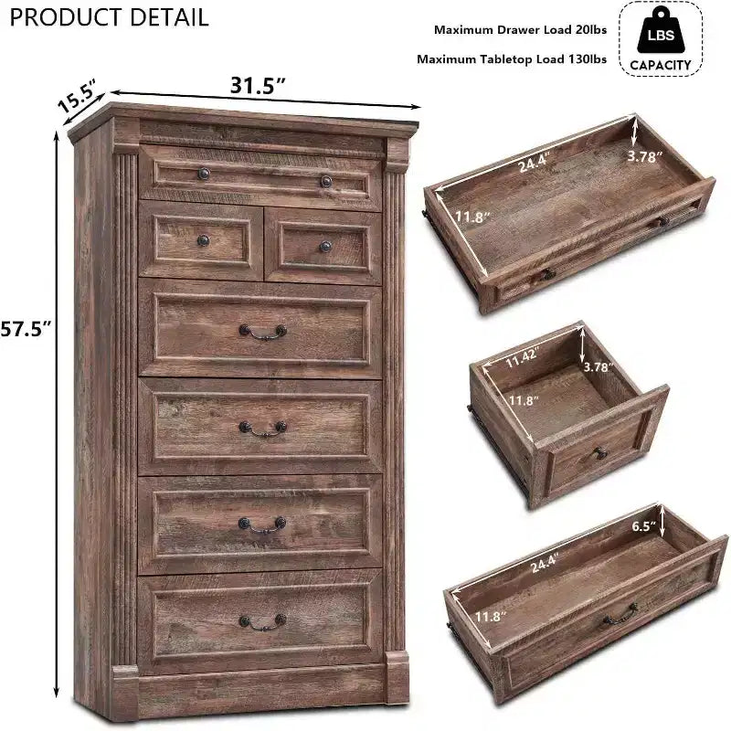Commode de ferme à 7 tiroirs, meuble de rangement rustique en bois avec colonnes romaines pour chambre à coucher