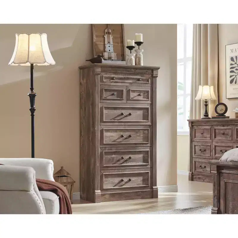 Commode de ferme à 7 tiroirs, meuble de rangement rustique en bois avec colonnes romaines pour chambre à coucher