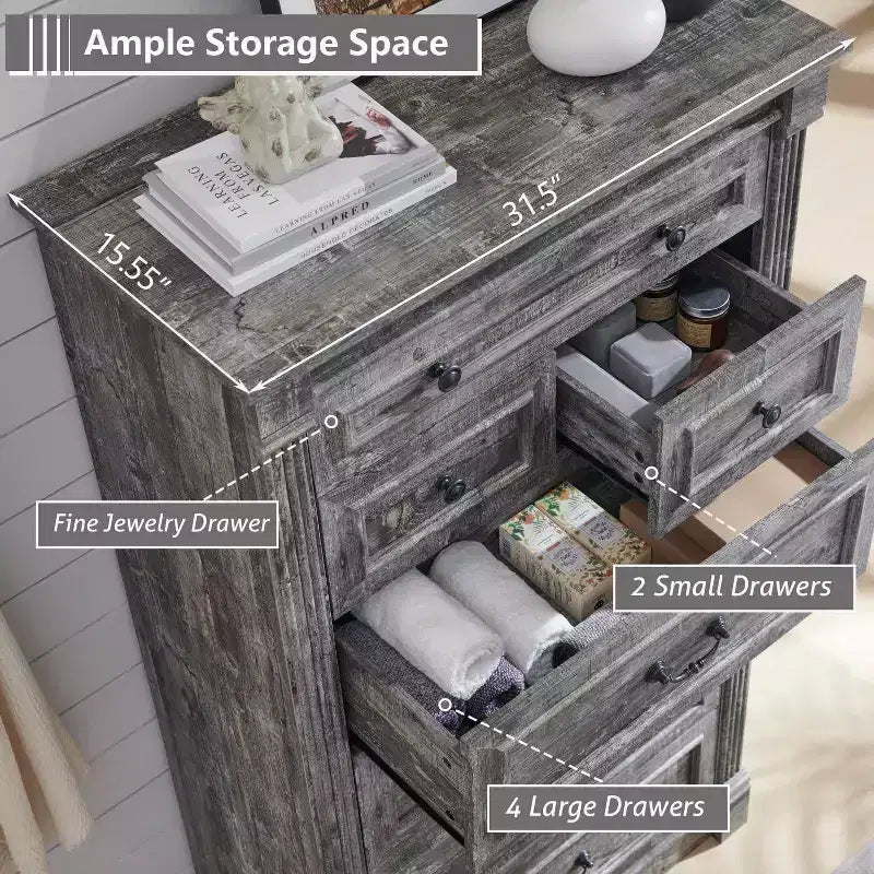 Commode de ferme à 7 tiroirs, meuble de rangement rustique en bois avec colonnes romaines pour chambre à coucher