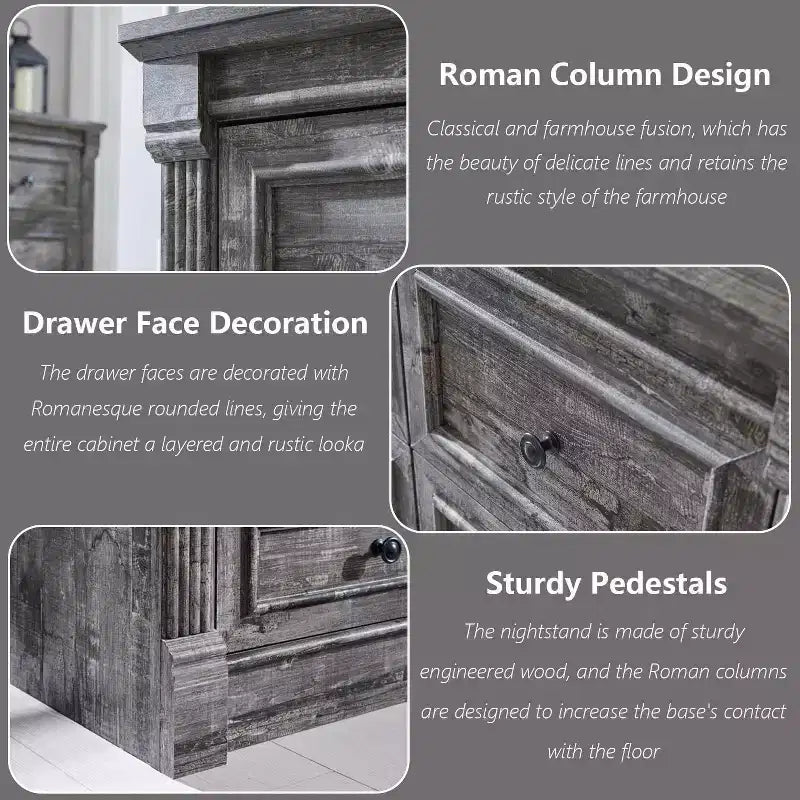 Commode de ferme à 7 tiroirs, meuble de rangement rustique en bois avec colonnes romaines pour chambre à coucher