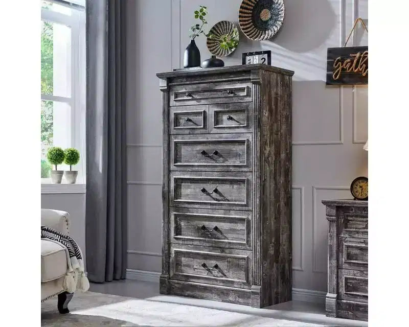 Commode de ferme à 7 tiroirs, meuble de rangement rustique en bois avec colonnes romaines pour chambre à coucher