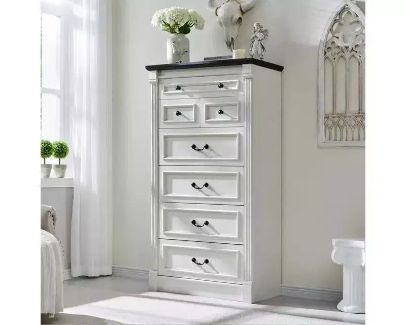 Commode de ferme à 7 tiroirs, meuble de rangement rustique en bois avec colonnes romaines pour chambre à coucher