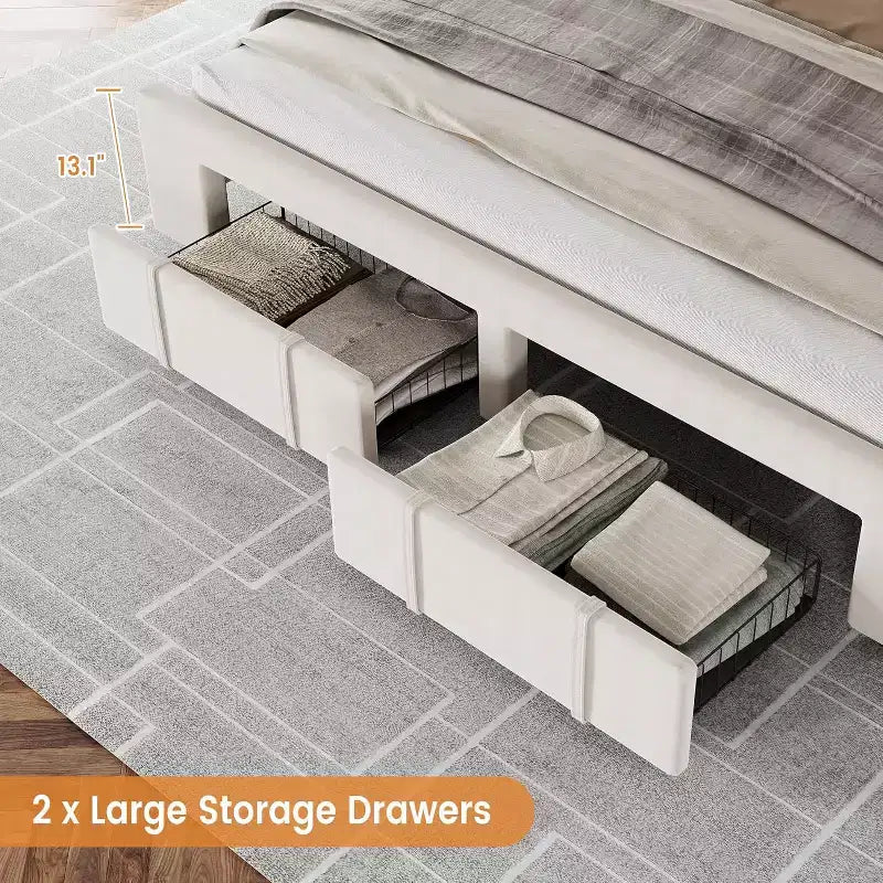 Cadre de lit plateforme rembourré beige avec tiroirs de rangement, support à lattes en bois, pas besoin de sommier, assemblage facile