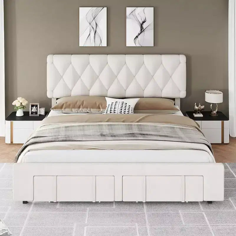Cadre de lit plateforme rembourré beige avec tiroirs de rangement, support à lattes en bois, pas besoin de sommier, assemblage facile