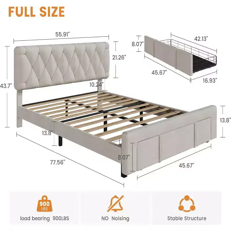 Cadre de lit plateforme rembourré beige avec tiroirs de rangement, support à lattes en bois, pas besoin de sommier, assemblage facile