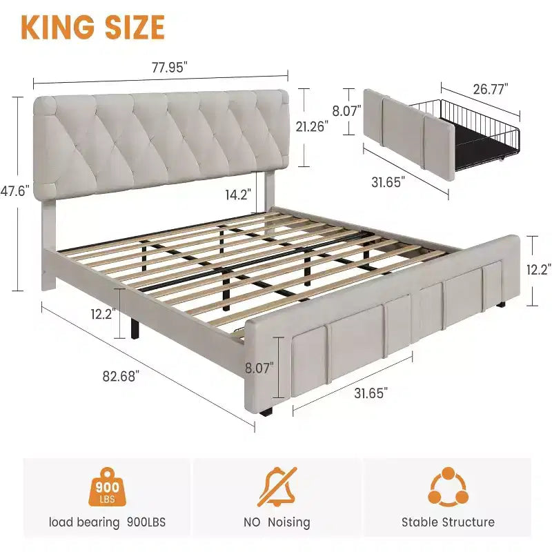 Cadre de lit plateforme rembourré beige avec tiroirs de rangement, support à lattes en bois, pas besoin de sommier, assemblage facile