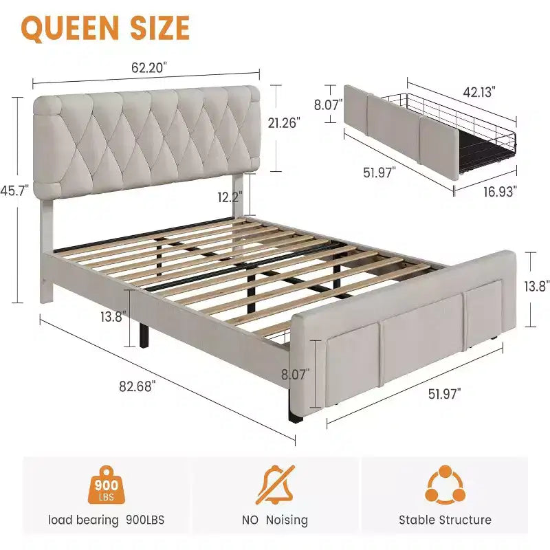 Cadre de lit plateforme rembourré beige avec tiroirs de rangement, support à lattes en bois, pas besoin de sommier, assemblage facile