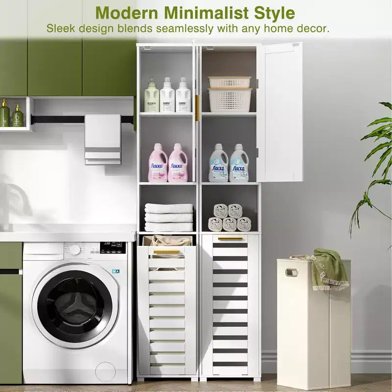 Meuble de salle de bain haut avec miroir et porte, meuble à linge inclinable avec panier à linge amovible, blanc