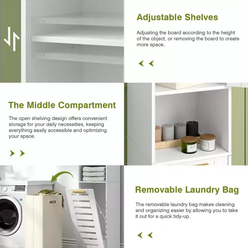 Meuble de salle de bain haut avec miroir et porte, meuble à linge inclinable avec panier à linge amovible, blanc