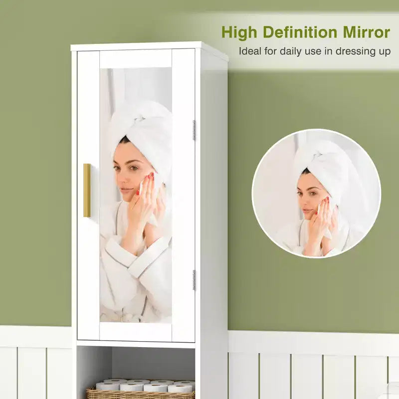 Meuble de salle de bain haut avec miroir et porte, meuble à linge inclinable avec panier à linge amovible, blanc