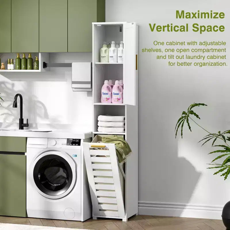 Meuble de salle de bain haut avec miroir et porte, meuble à linge inclinable avec panier à linge amovible, blanc