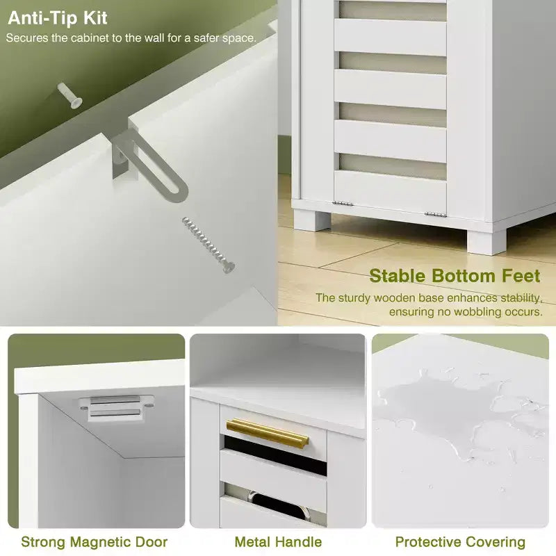 Meuble de salle de bain haut avec miroir et porte, meuble à linge inclinable avec panier à linge amovible, blanc