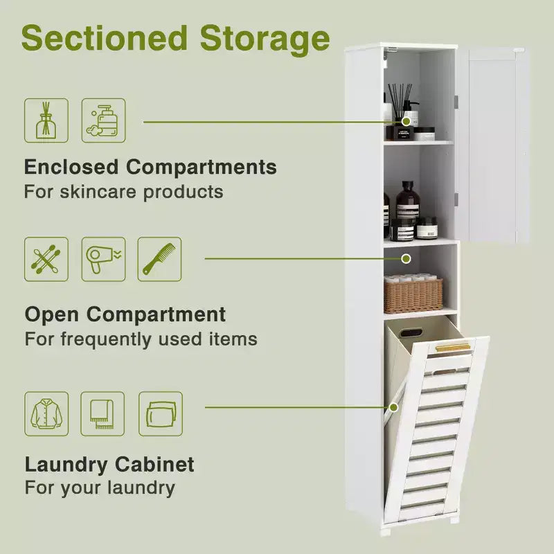 Meuble de salle de bain haut avec miroir et porte, meuble à linge inclinable avec panier à linge amovible, blanc