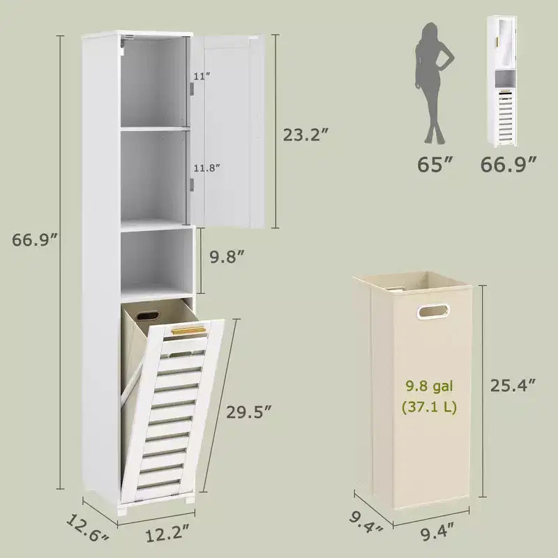 Meuble de salle de bain haut avec miroir et porte, meuble à linge inclinable avec panier à linge amovible, blanc