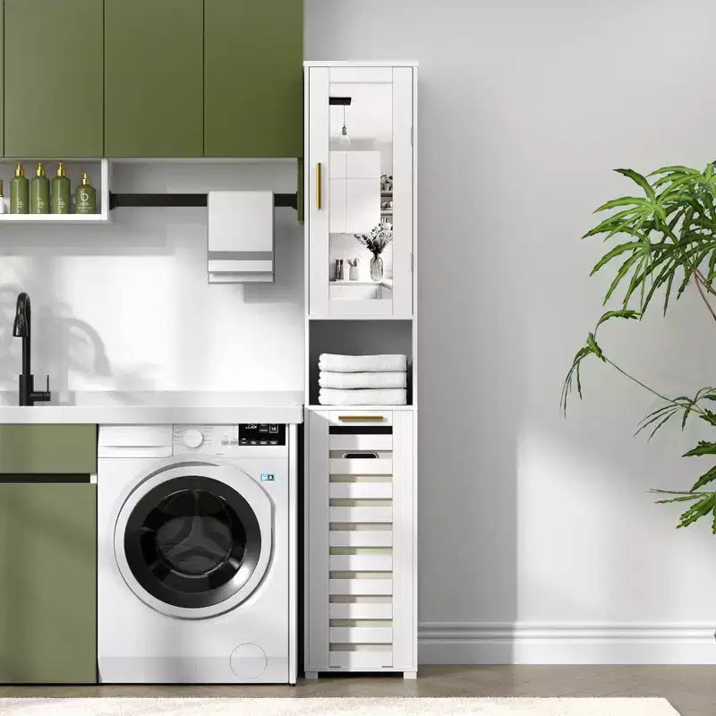 Meuble de salle de bain haut avec miroir et porte, meuble à linge inclinable avec panier à linge amovible, blanc