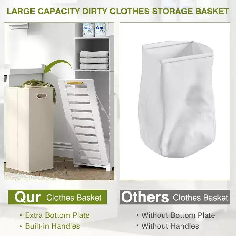 Meuble de salle de bain haut avec miroir et porte, meuble à linge inclinable avec panier à linge amovible, blanc