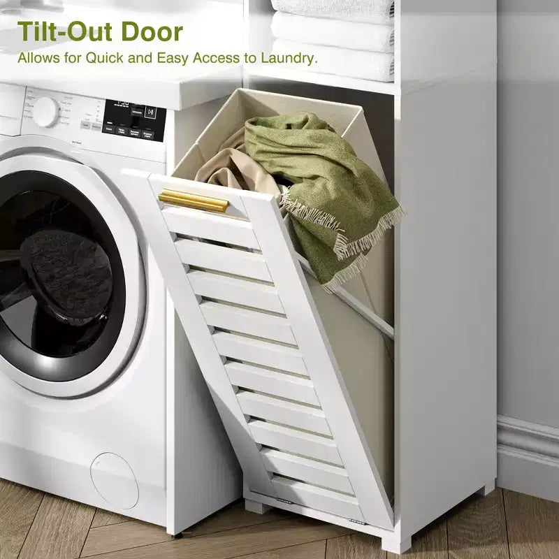 Meuble de salle de bain haut avec miroir et porte, meuble à linge inclinable avec panier à linge amovible, blanc