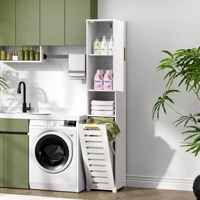 Meuble de salle de bain haut avec miroir et porte, meuble à linge inclinable avec panier à linge amovible, blanc