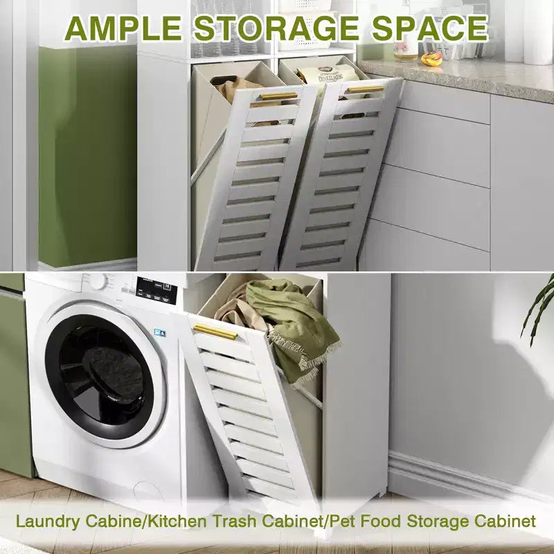 Meuble de salle de bain haut avec miroir et porte, meuble à linge inclinable avec panier à linge amovible, blanc