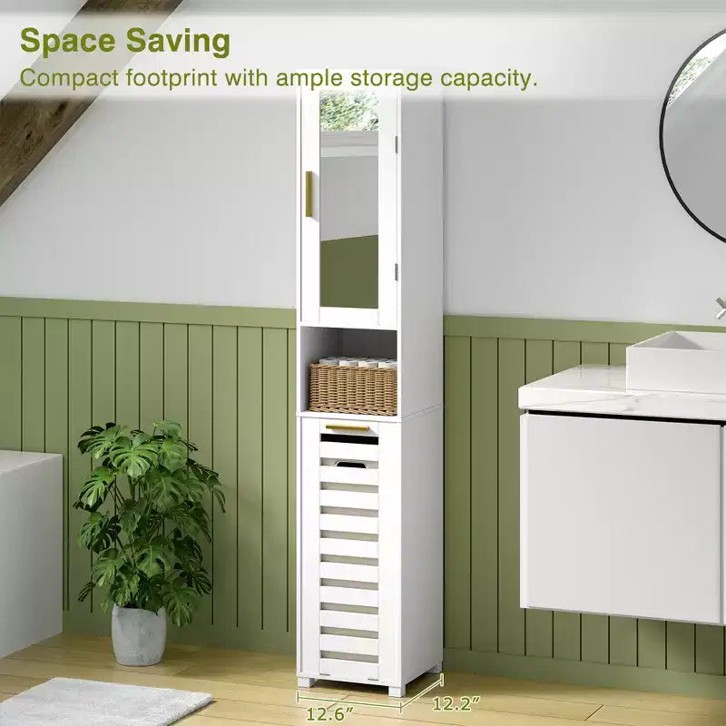 Meuble de salle de bain haut avec miroir et porte, meuble à linge inclinable avec panier à linge amovible, blanc