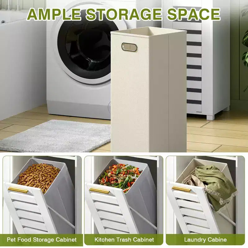 Meuble de salle de bain haut avec miroir et porte, meuble à linge inclinable avec panier à linge amovible, blanc