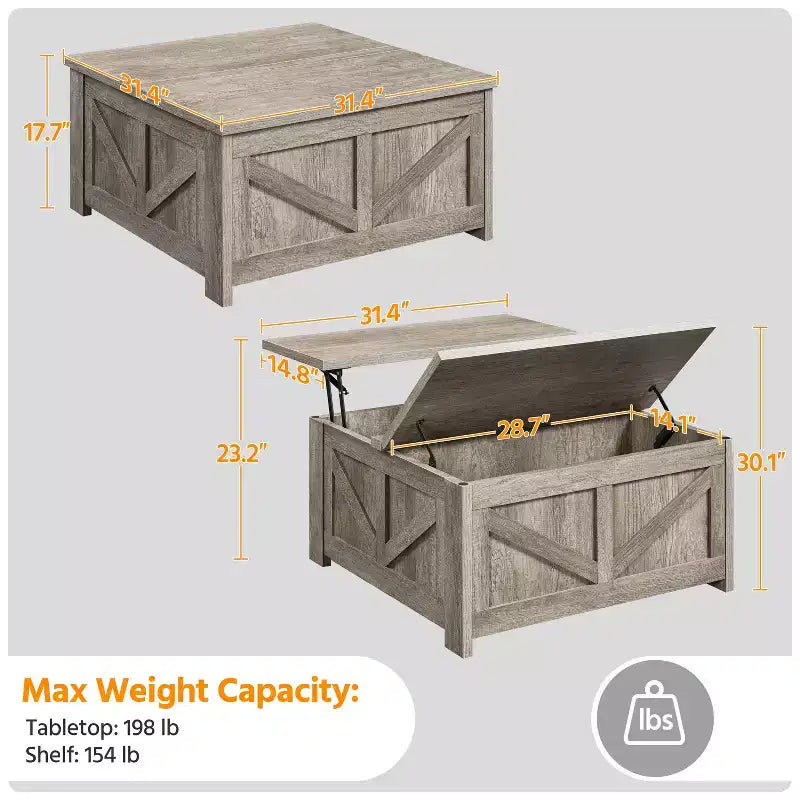 Table basse en bois relevable avec compartiments de rangement cachés pour salon et réception