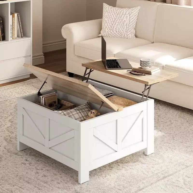 Table basse en bois relevable avec compartiments de rangement cachés pour salon et réception