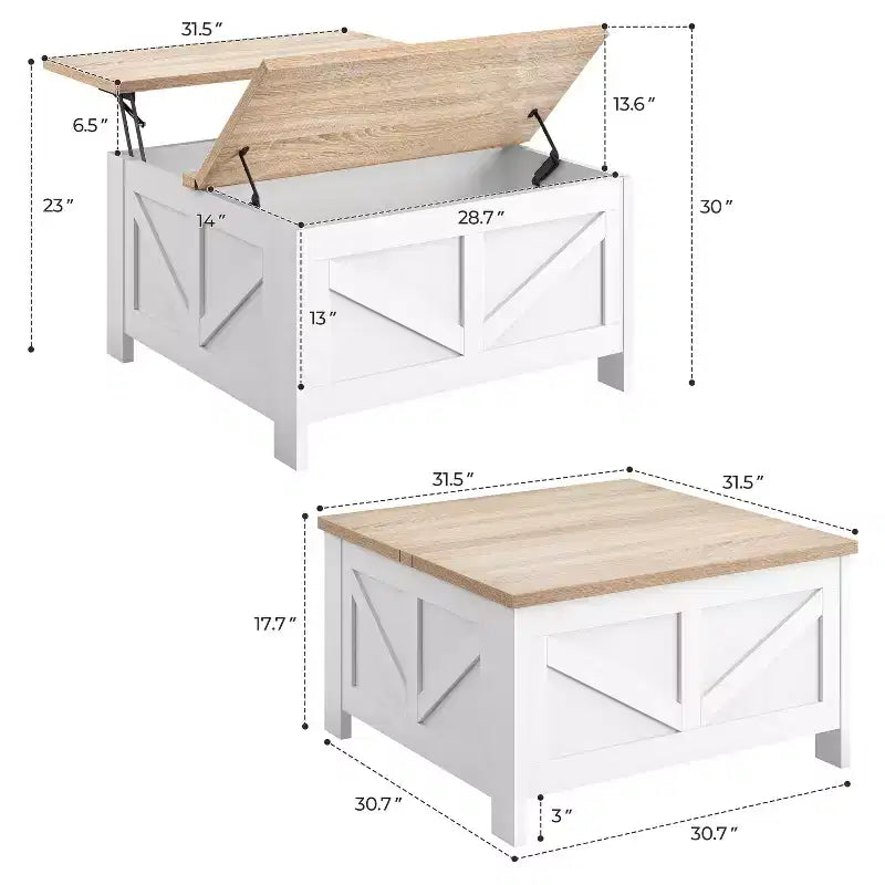 Table basse en bois relevable avec compartiments de rangement cachés pour salon et réception