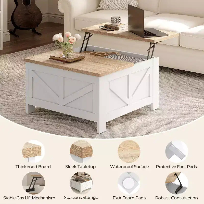 Table basse en bois relevable avec compartiments de rangement cachés pour salon et réception