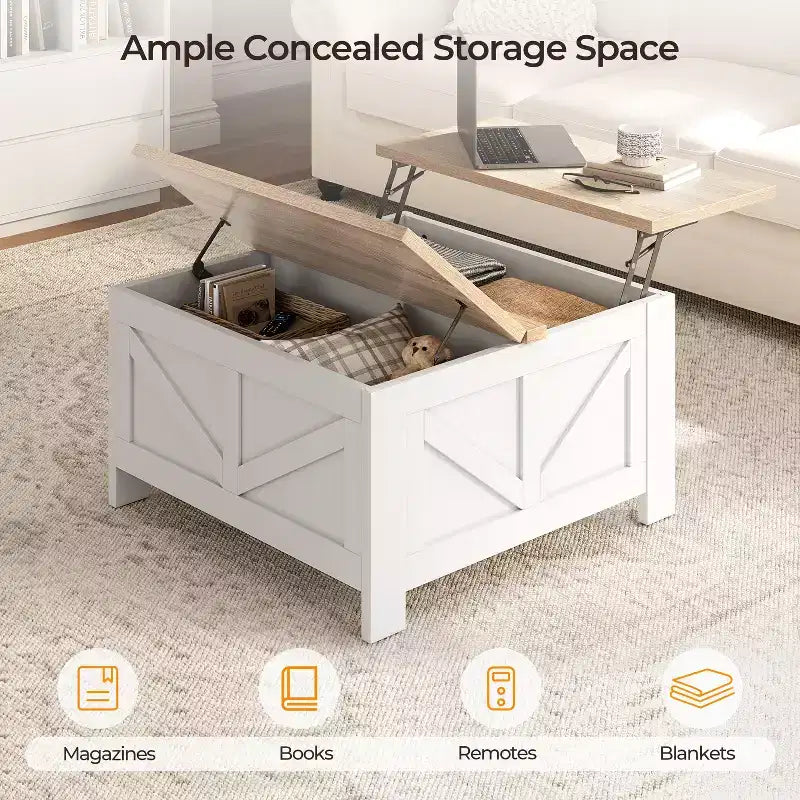Table basse en bois relevable avec compartiments de rangement cachés pour salon et réception