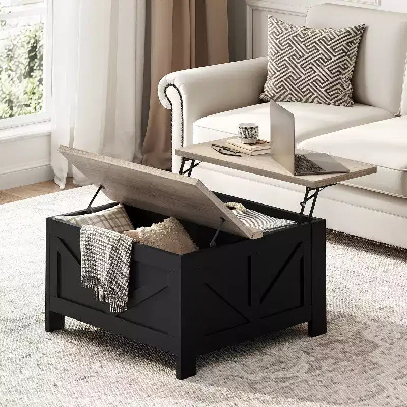 Table basse en bois relevable avec compartiments de rangement cachés pour salon et réception