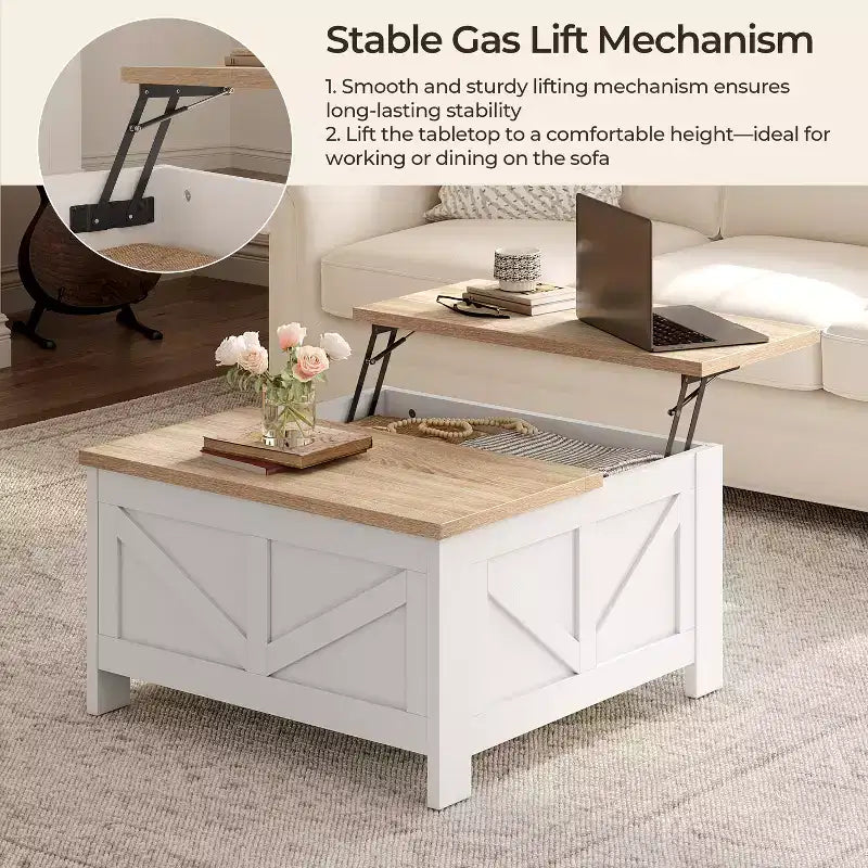 Table basse en bois relevable avec compartiments de rangement cachés pour salon et réception