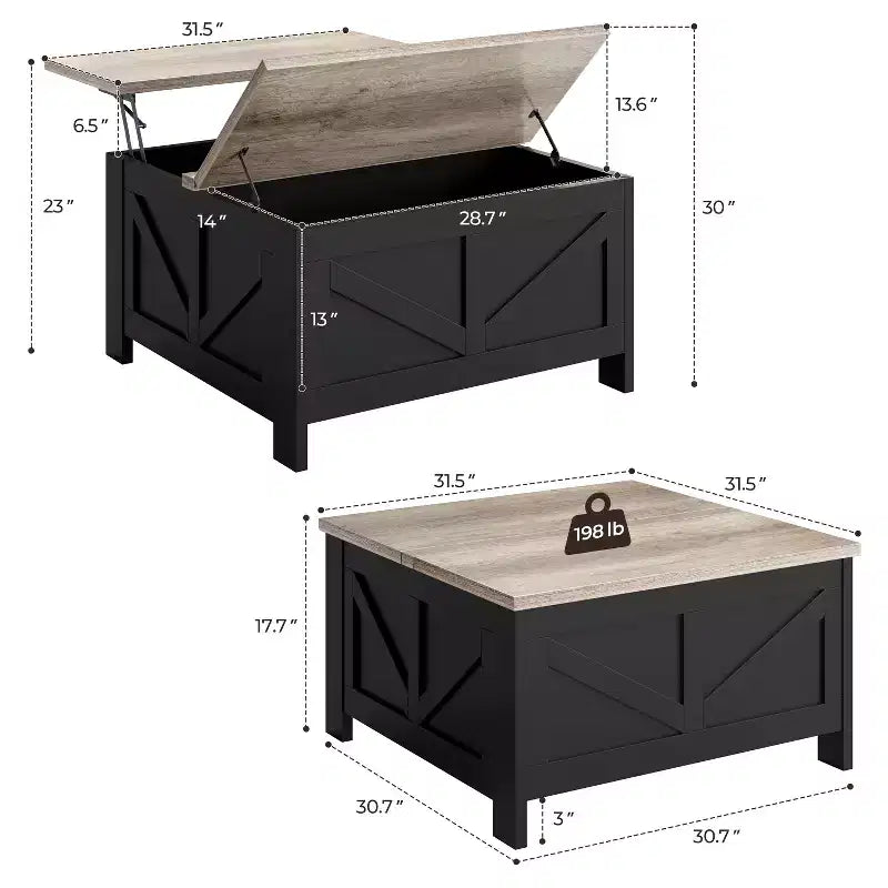 Table basse en bois relevable avec compartiments de rangement cachés pour salon et réception