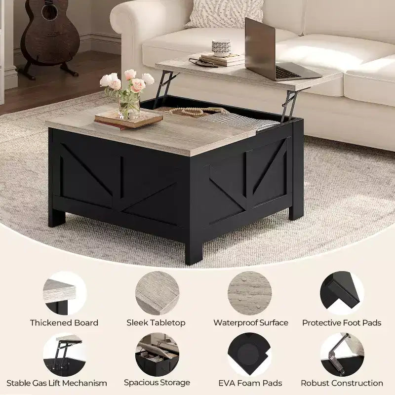 Table basse en bois relevable avec compartiments de rangement cachés pour salon et réception